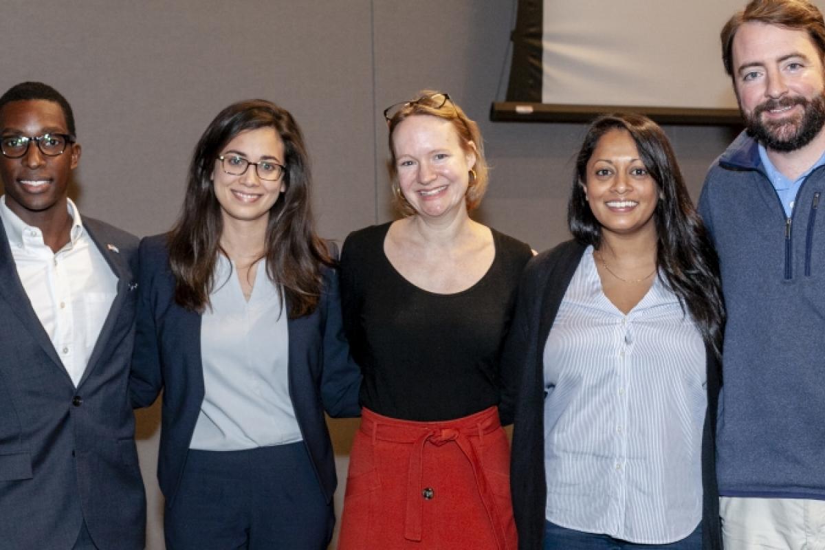 Members of the panel on working for good in the private sector. Left to right: Moderator Seve Gaskin MPP’21, Emily McKelvey PPS’13, Ashley Middleton T’04, Megha Bansal MPP’12 and Jackson Tufts MPP’19.