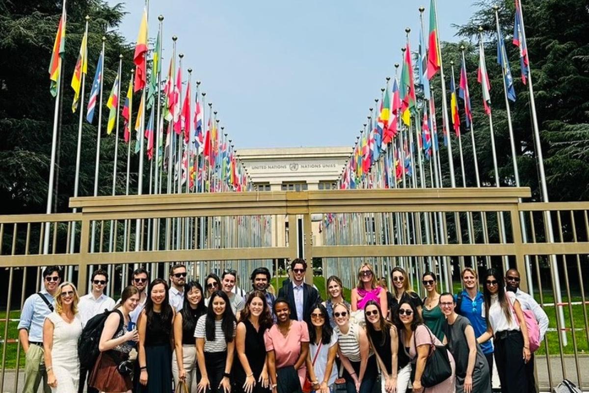 Students posing outside of the flag area at the United Nations