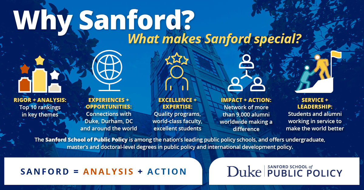 Why Sanford? Rigor and analysis, opportunities, excellence, impact, service opportunities.
