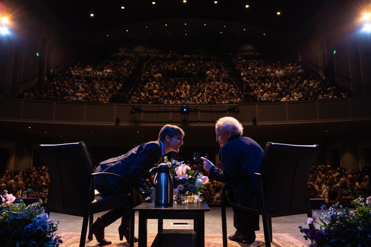 Photo: Madeleine Albright and Judith Kelley on stage for Rubenstein Lecture. 2019.
