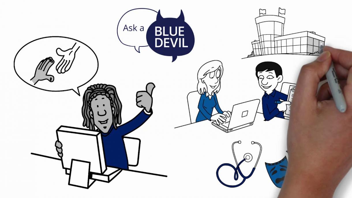Illustration of people talking together, laptops open. Ask a blue Devil icon