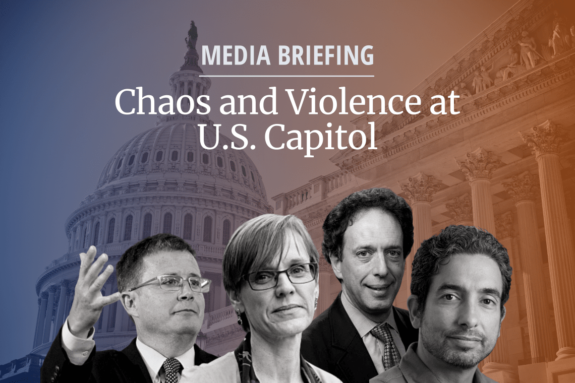 Media Briefing: Chaos and Violence at US Capitol. Image of Capitol and several people