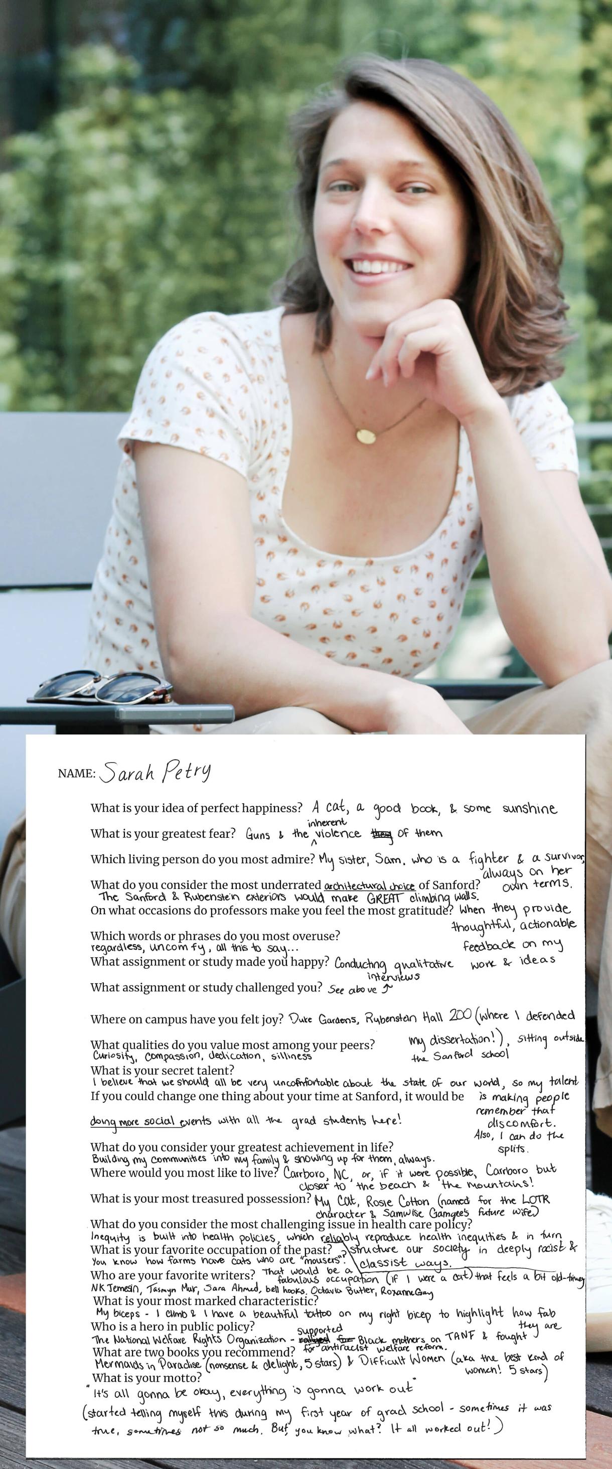 Sarah smiling, questionnaire with her handwriting