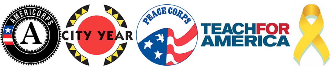 Variety of logos: Peace Corps, City year, AmeriCorps and Teach for America
