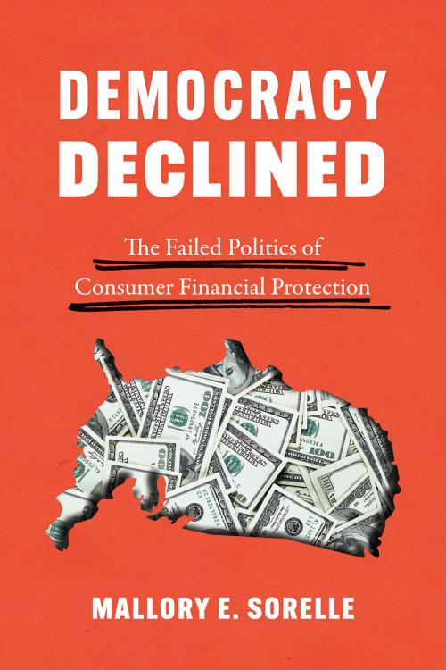 Book jacket: Democracy Declined. Red. Upside-down US filled with money