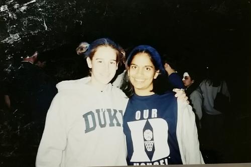 Jainey and one other duke student wearing Duke attire in 2003.