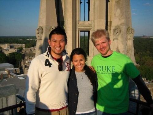 Three Duke students at top of Duke Chapel