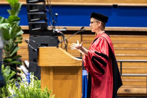 Judith Kelley speaking at graduate ceremony 2023