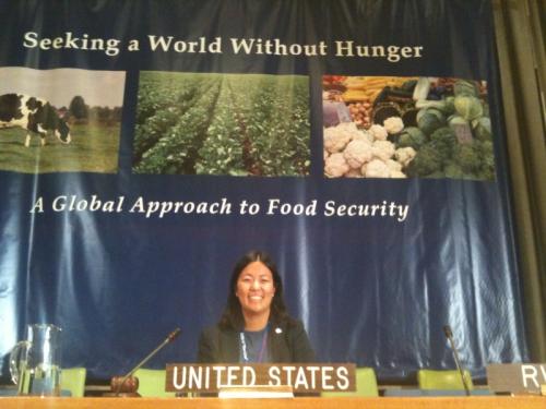 Melissa Lan at podium during UN conference 