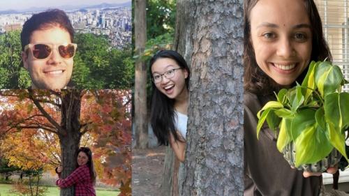 Four students with trees, and nature