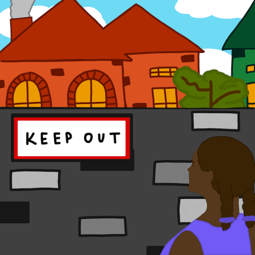 Animated girl looks at wall that says "keep out"