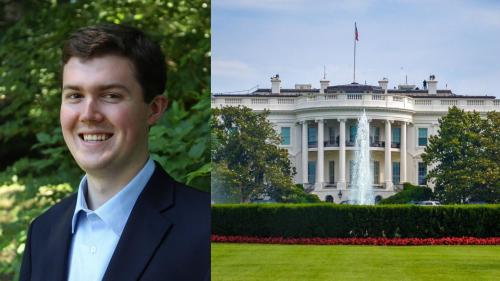 headshot of Justin Sherman and photo of the white house