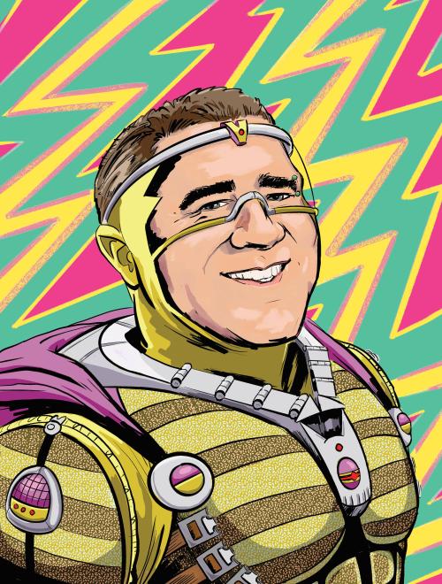 Illustration: man dressed as superhero, big smile, futuristic clothing